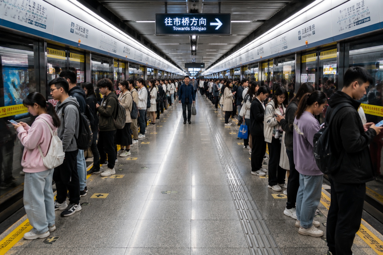 Passengers queueing in two lines on a Chinese subway platform during morning rush