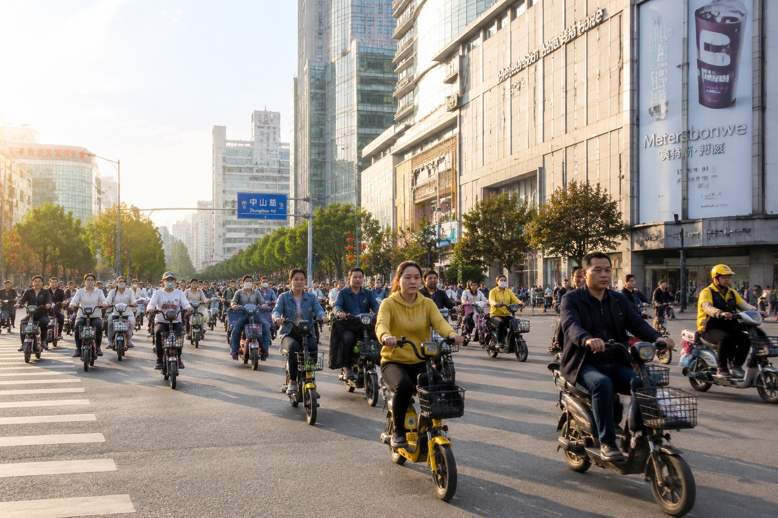 Chinese commuters riding electric bikes on a busy city street in the morning