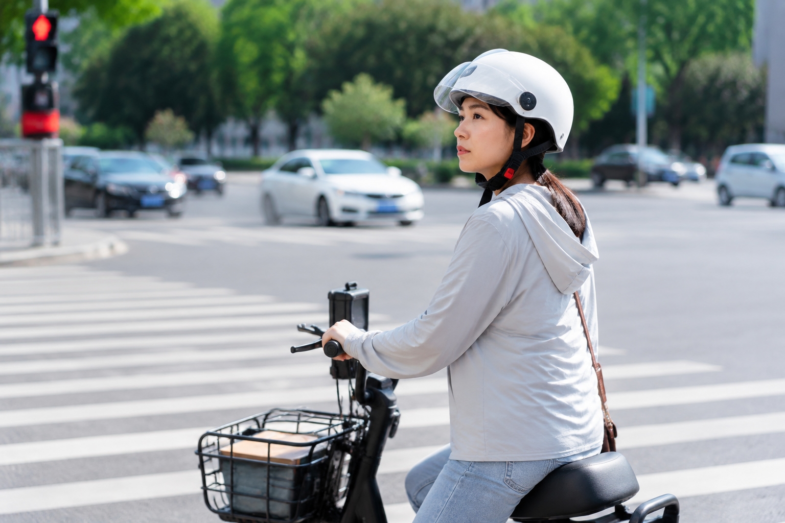E-bike rider wearing a helmet at a crosswalk in China