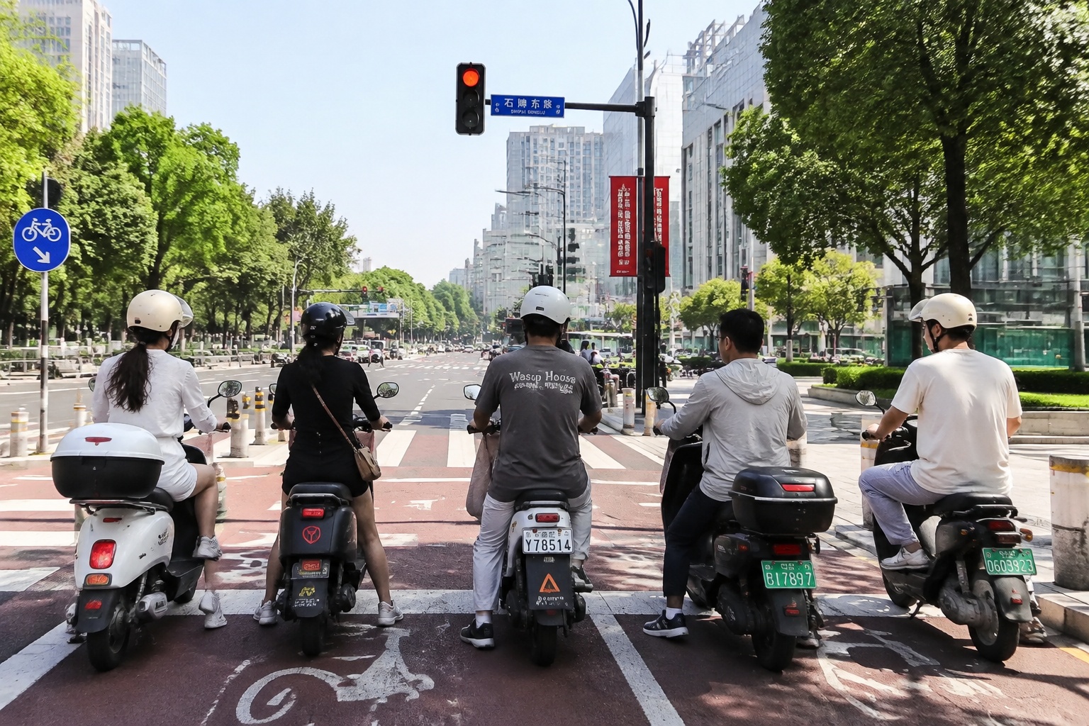 Electric bikes waiting at a red light behind the stop line in a Chinese city