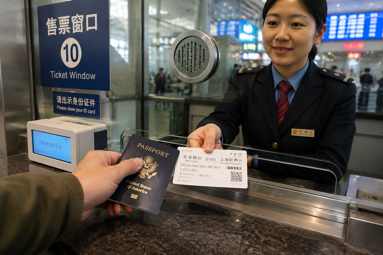 Foreign traveler buying a train ticket with passport at a manual window in a Chinese railway station