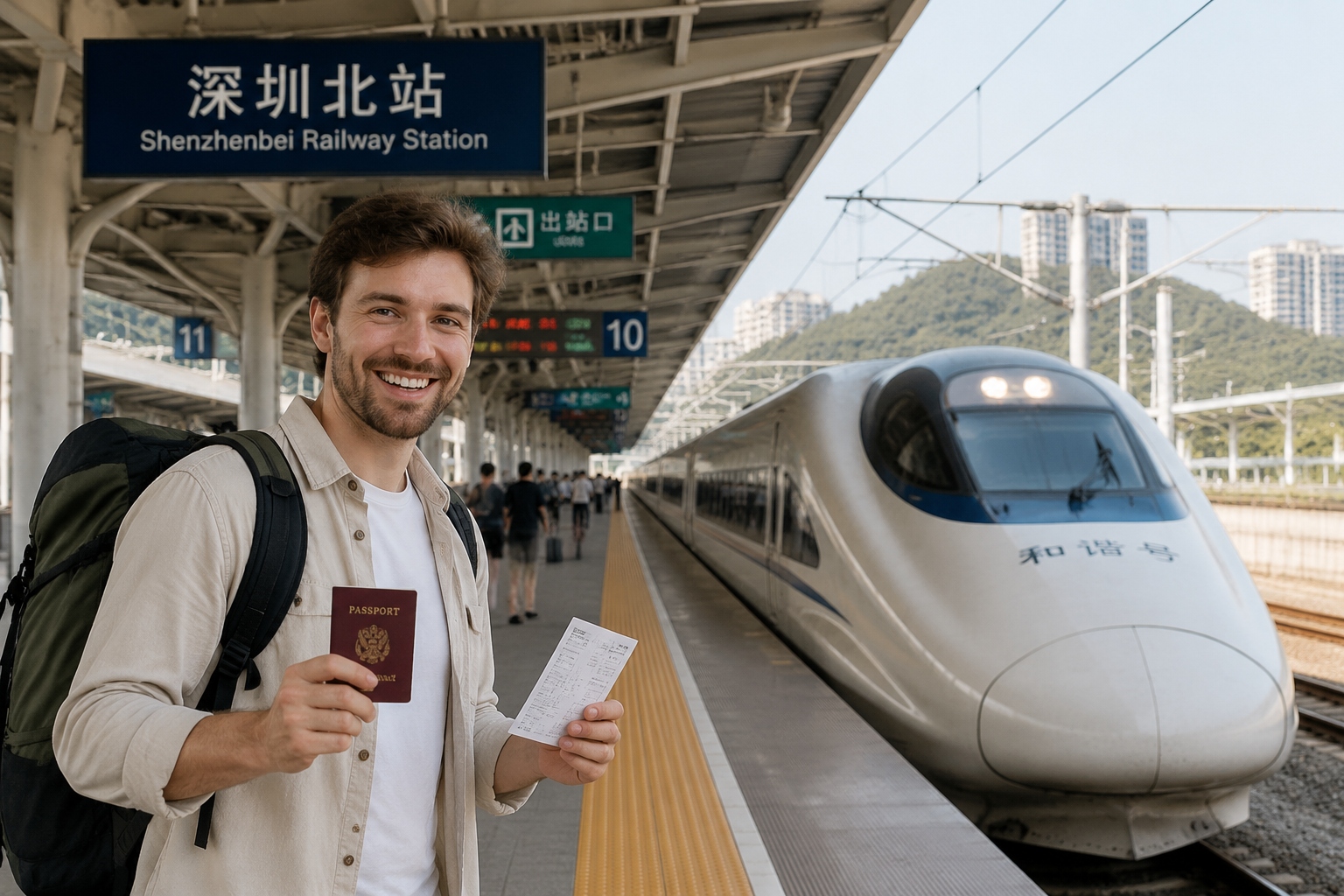 Traveler boarding a high-speed train in China using a passport and paper ticket