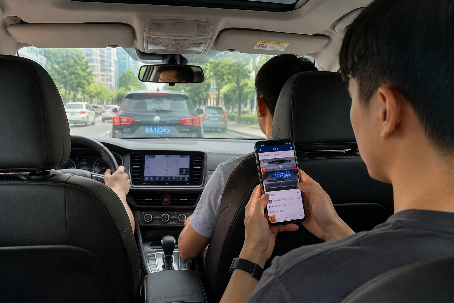 Passenger checking license plate numbers on a phone before entering a Didi car