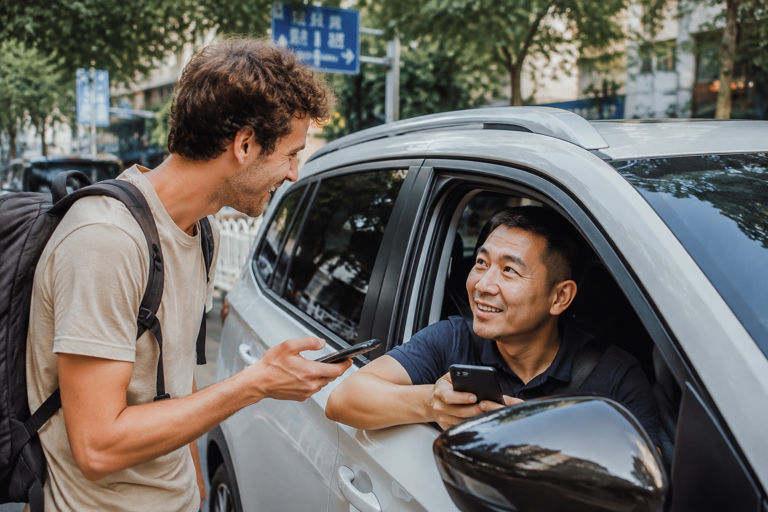 Foreign traveler chatting with a Didi driver before starting the trip