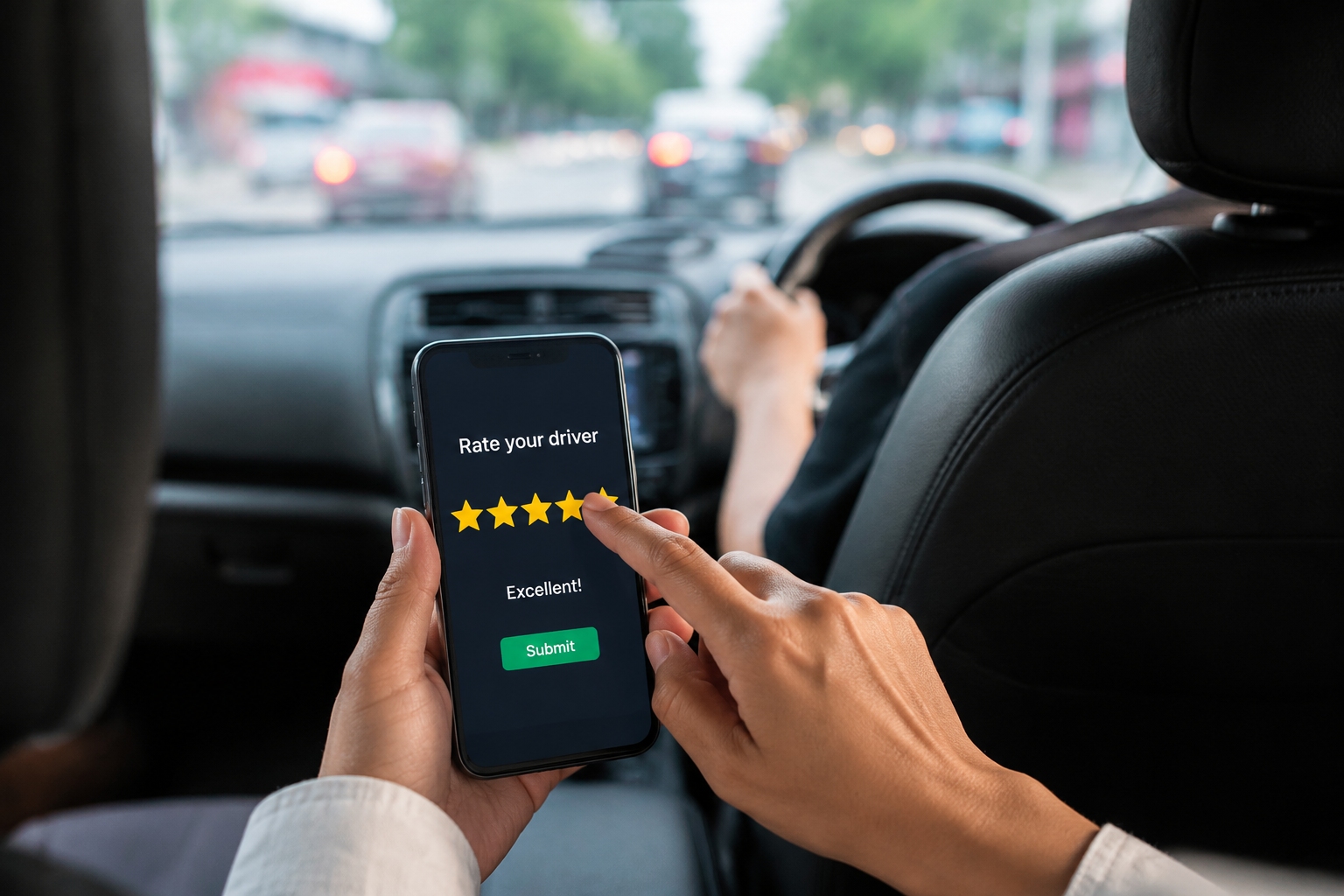 Giving a five-star rating to a Didi driver on a smartphone