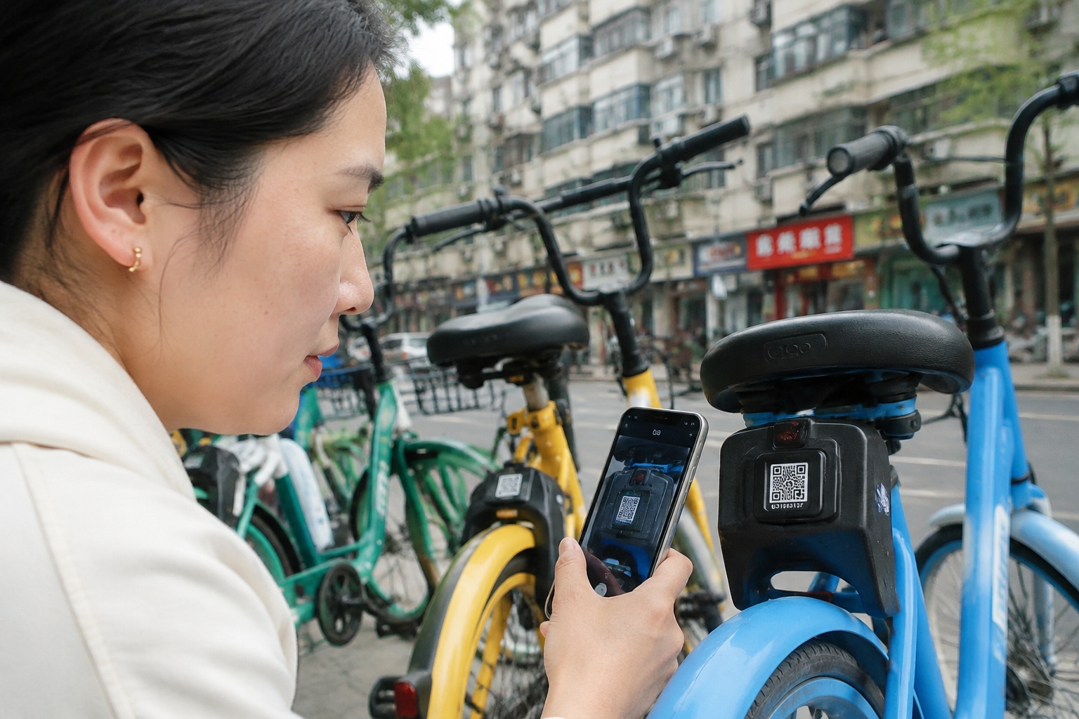 Woman scanning QR code to unlock a shared bike in a Chinese city