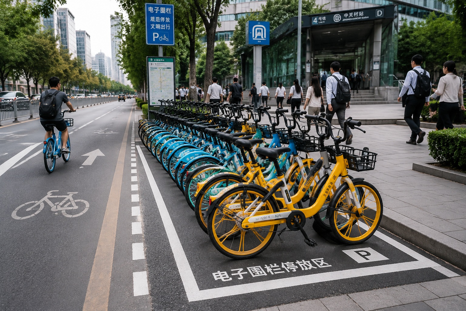Shared bikes parked in an electronic fence P zone near a Shanghai subway station