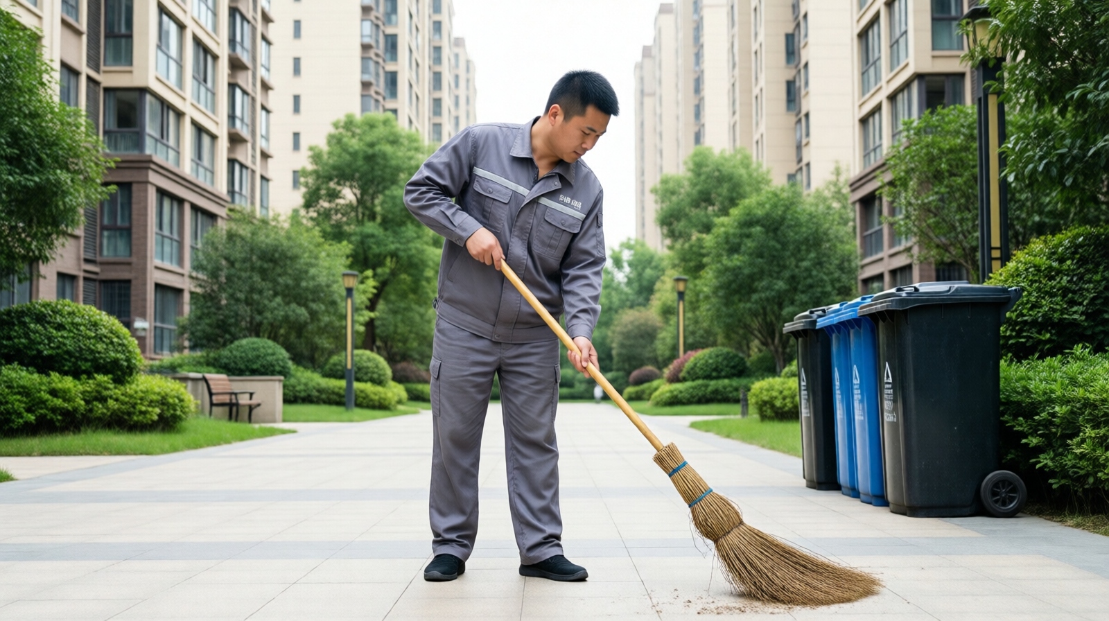 A property management cleaner sweeping the pavement in a Chinese residential compound