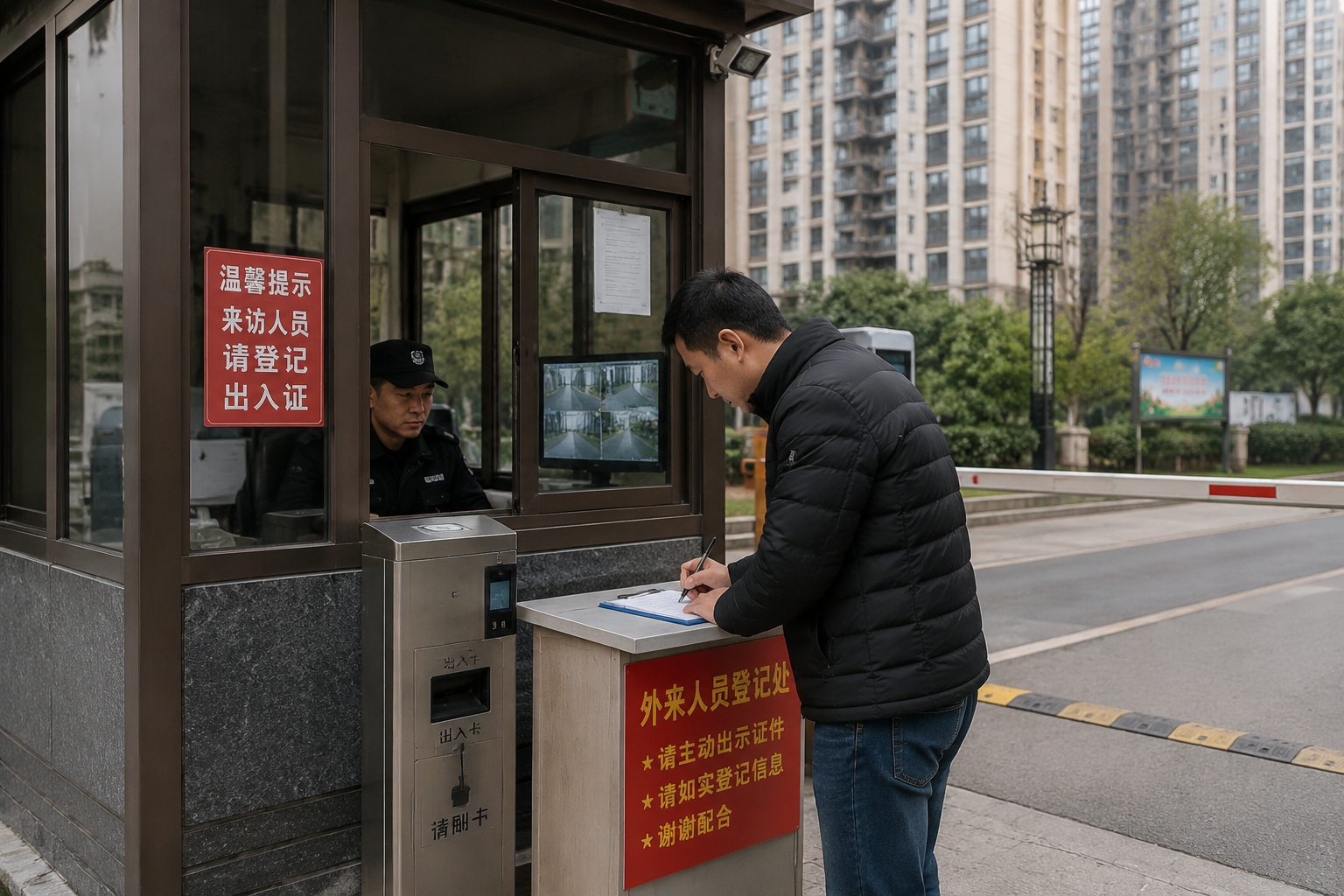 A visitor registering with the security guard before entering a residential compound in China