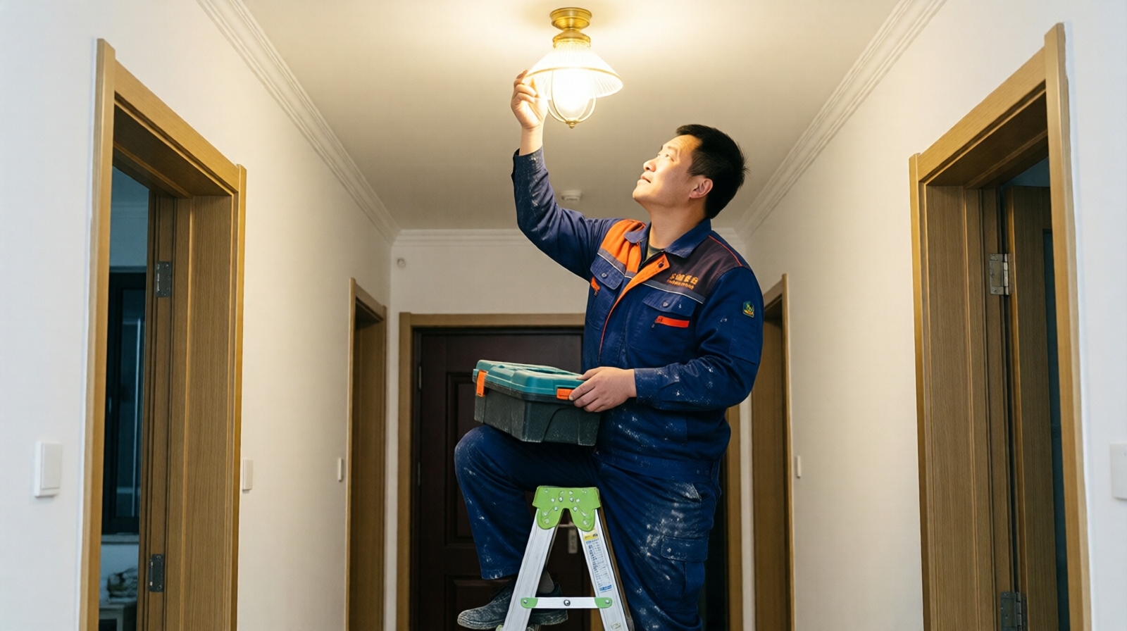 A maintenance worker fixing a light fixture in a residential building hallway in China