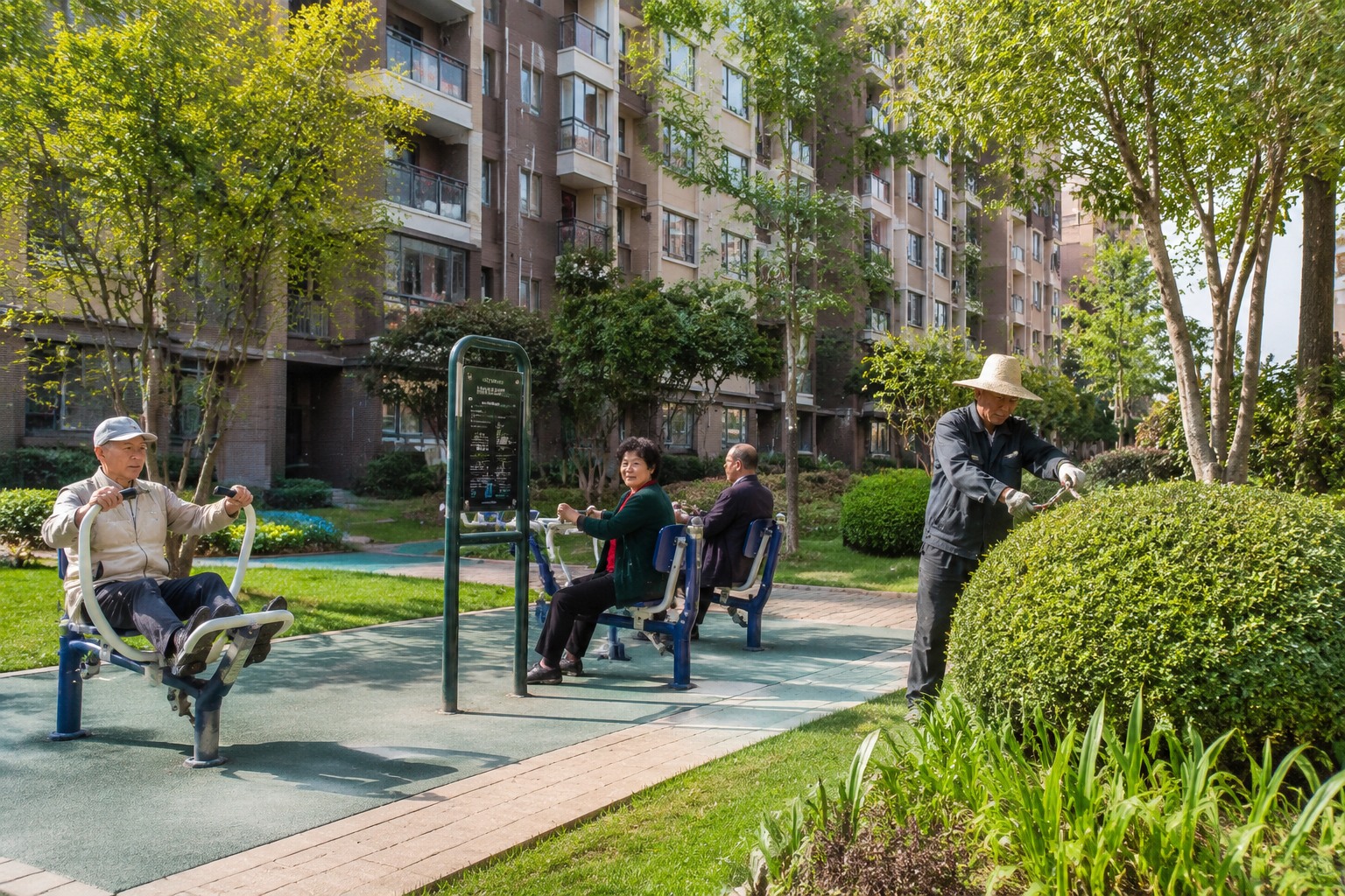 Residents exercising on outdoor fitness equipment while a gardener trims plants in a Chinese residential compound
