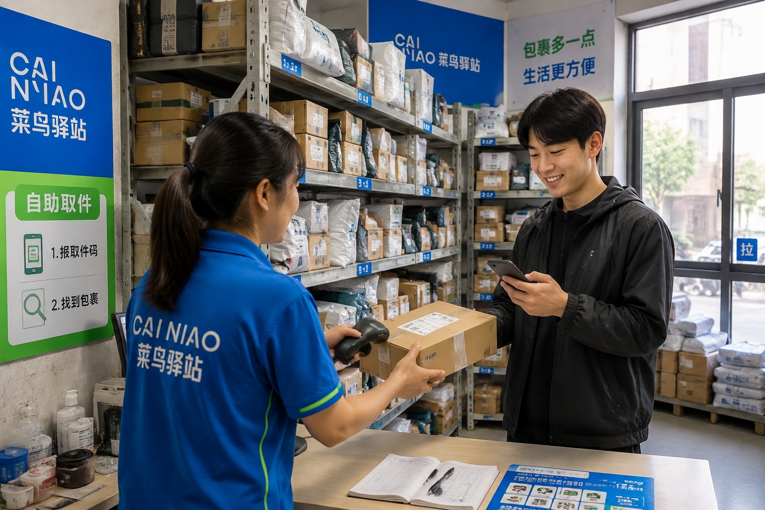 A staff member hands over a package to a customer inside a Chinese community parcel station.
