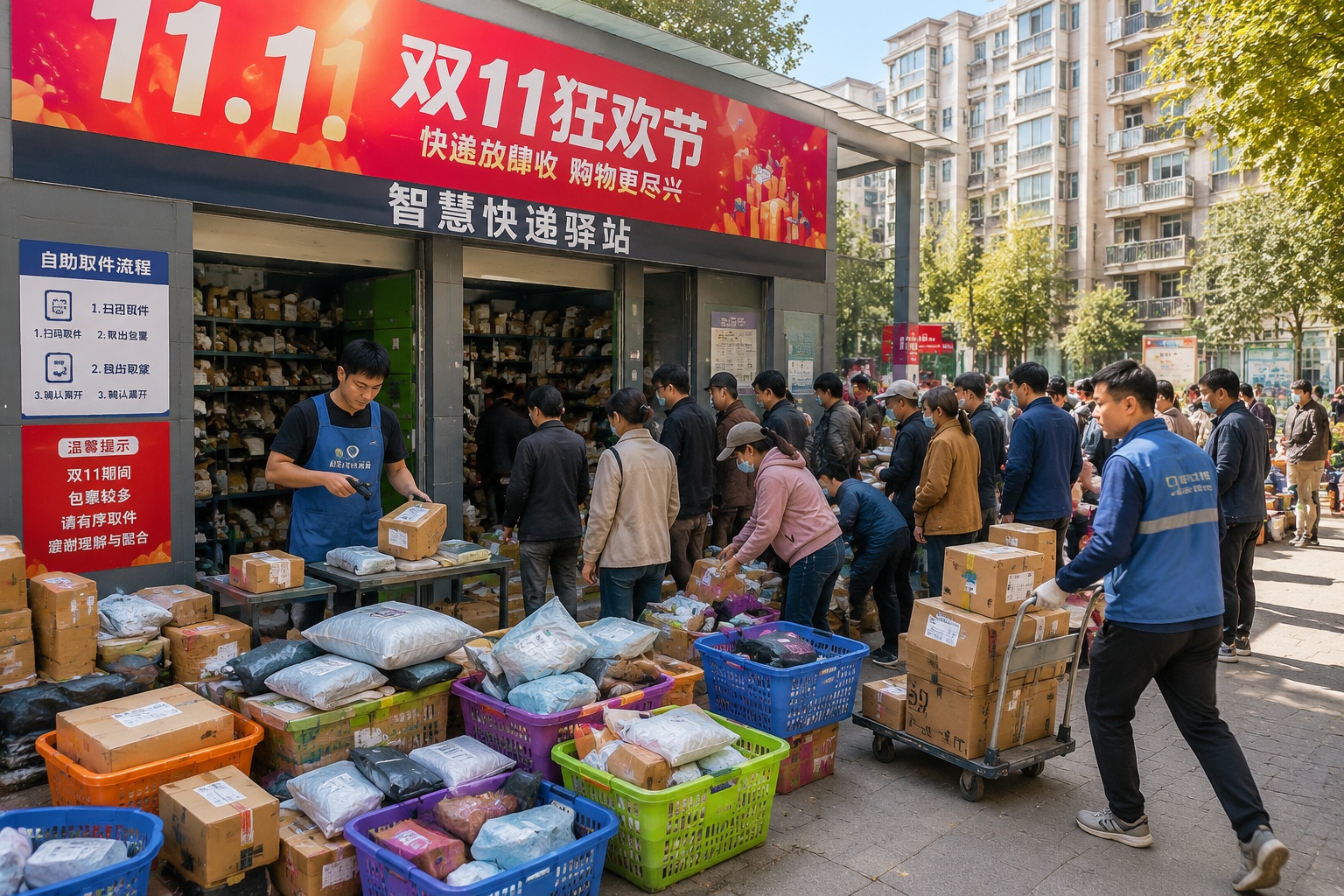 Packages piled outside a pickup station during China's Double 11 shopping season.