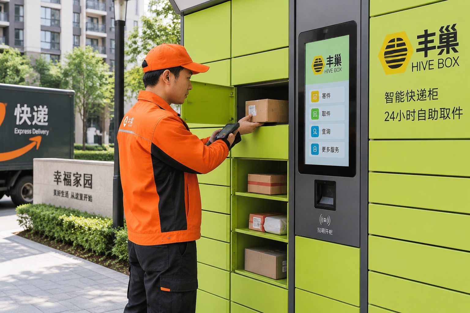 A courier scans and loads parcels into a Hive Box locker in a Chinese city.