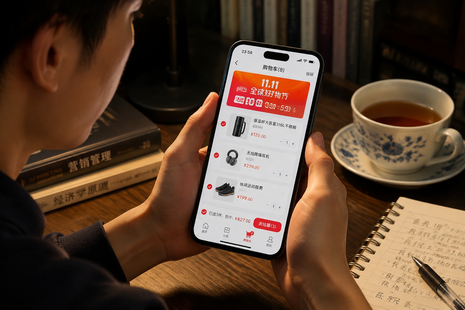 Shopper's smartphone showing Double 11 shopping countdown with items in cart