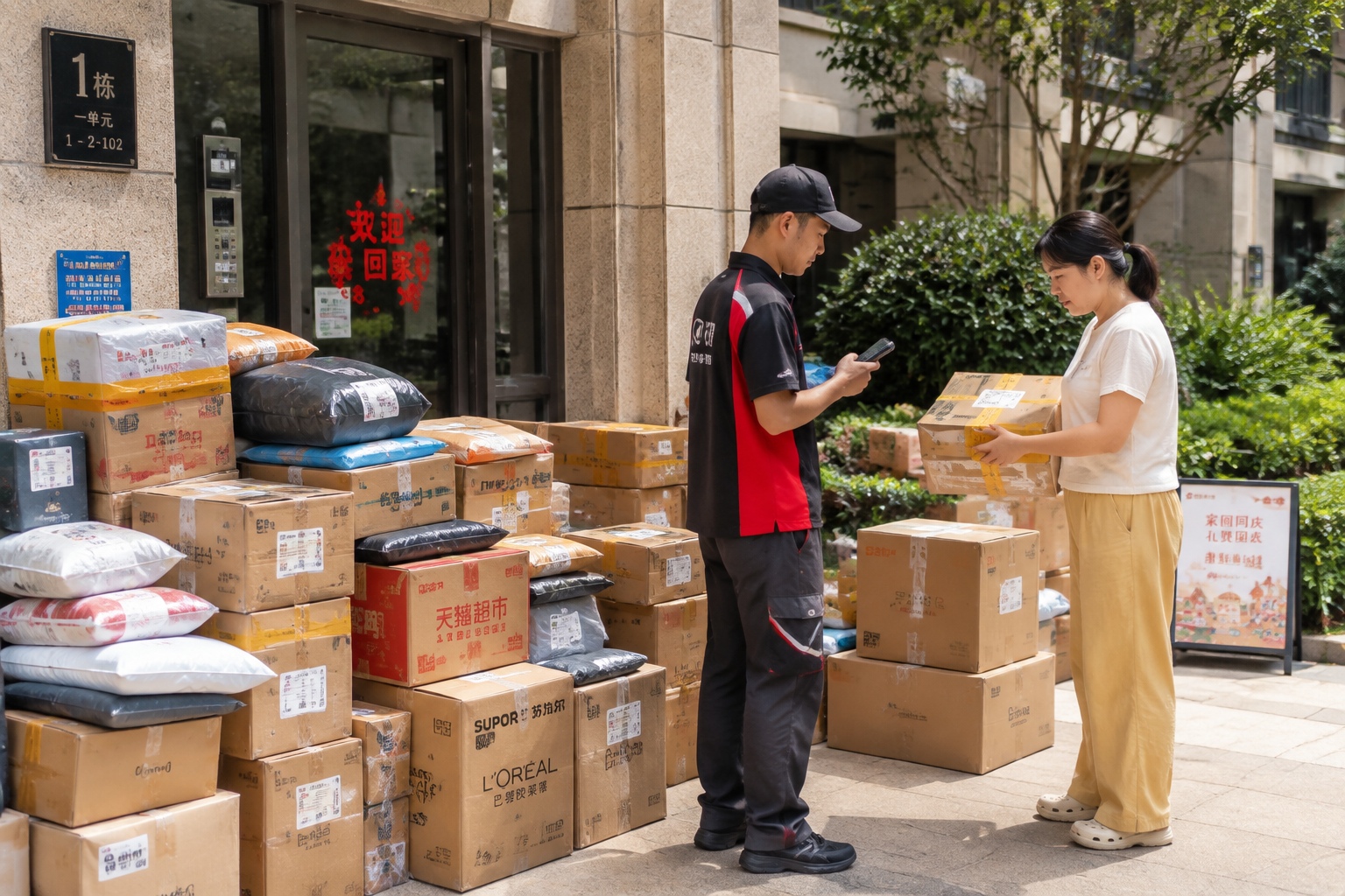 Delivery packages piled up at a Chinese residential entrance during 618 shopping festival