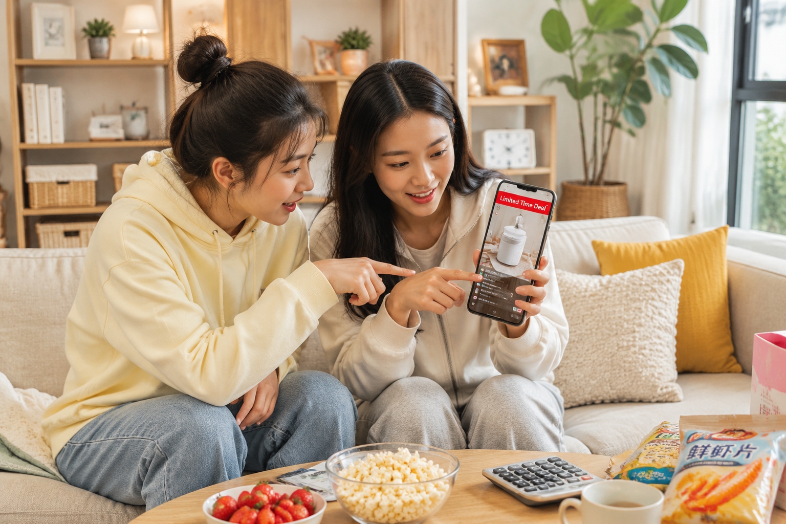 Friends calculating discounts and watching a shopping live stream during Double 11 sale