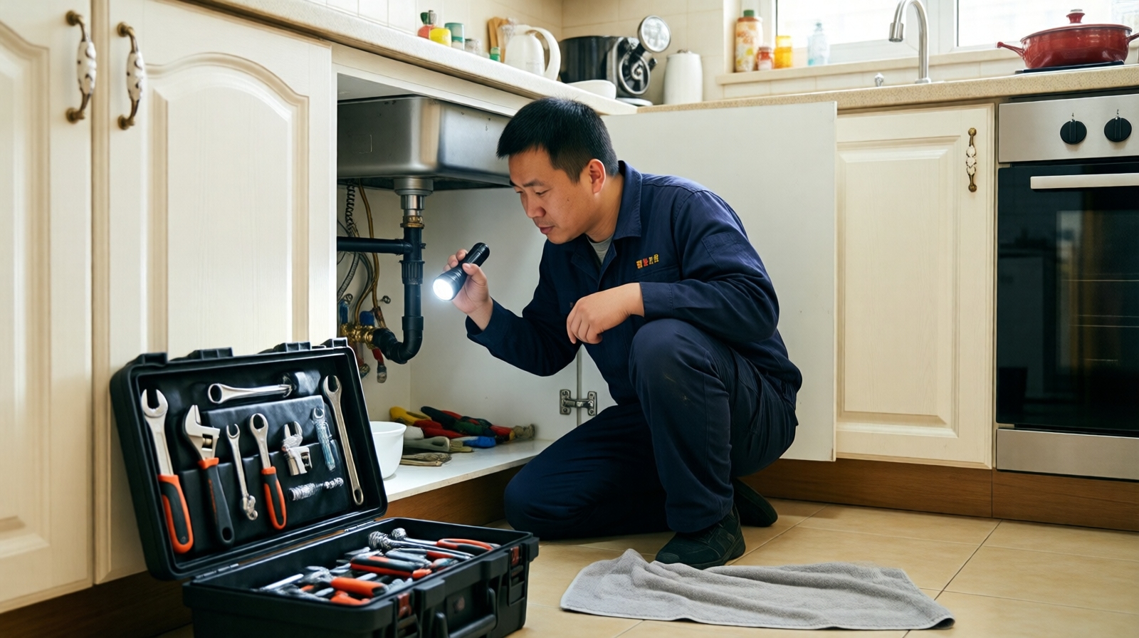 Chinese repairman inspecting pipes under kitchen sink with toolbox and flashlight during an on-demand home repair service