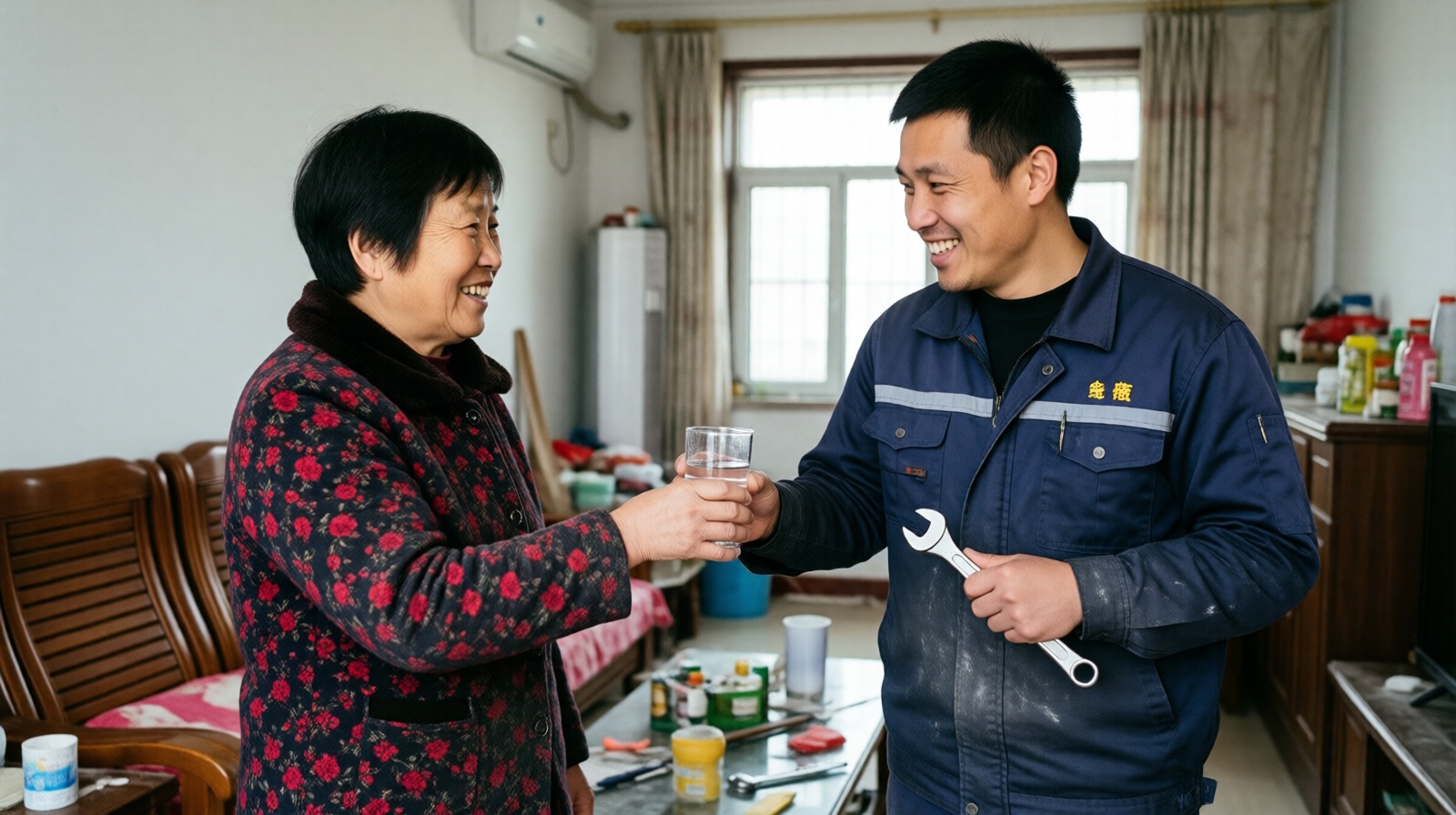 Homeowner offering a glass of water to a Chinese repairman during a friendly service visit