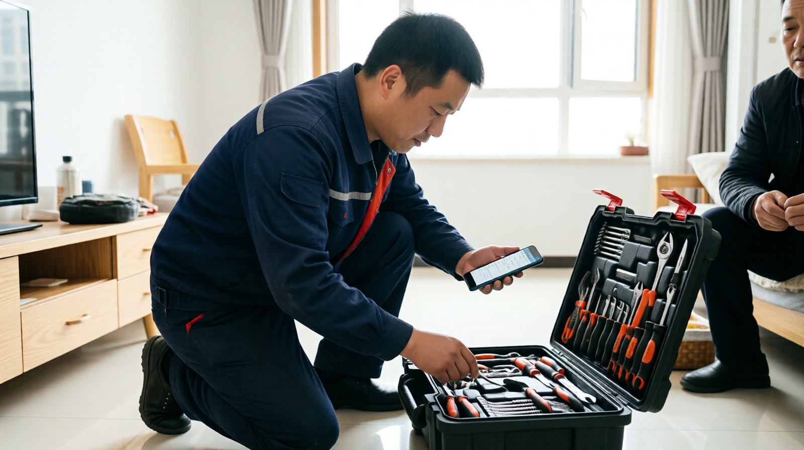 Chinese repairman cleaning up and checking smartphone after completing home repair service