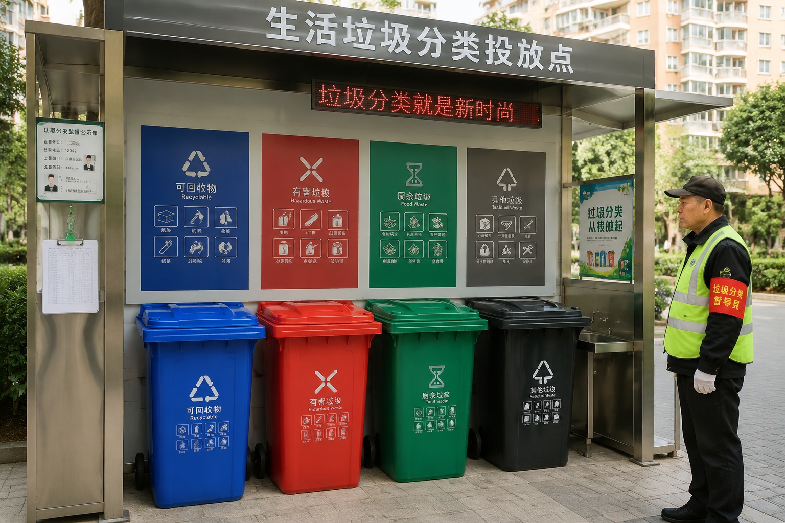 A garbage sorting station in a Chinese residential compound with four colored bins labeled in Chinese and a supervisor in a reflective vest issuing a check