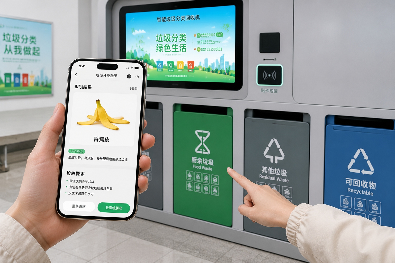 A smartphone displaying a garbage sorting app with a banana peel image, and a smart recycling machine visible in the background