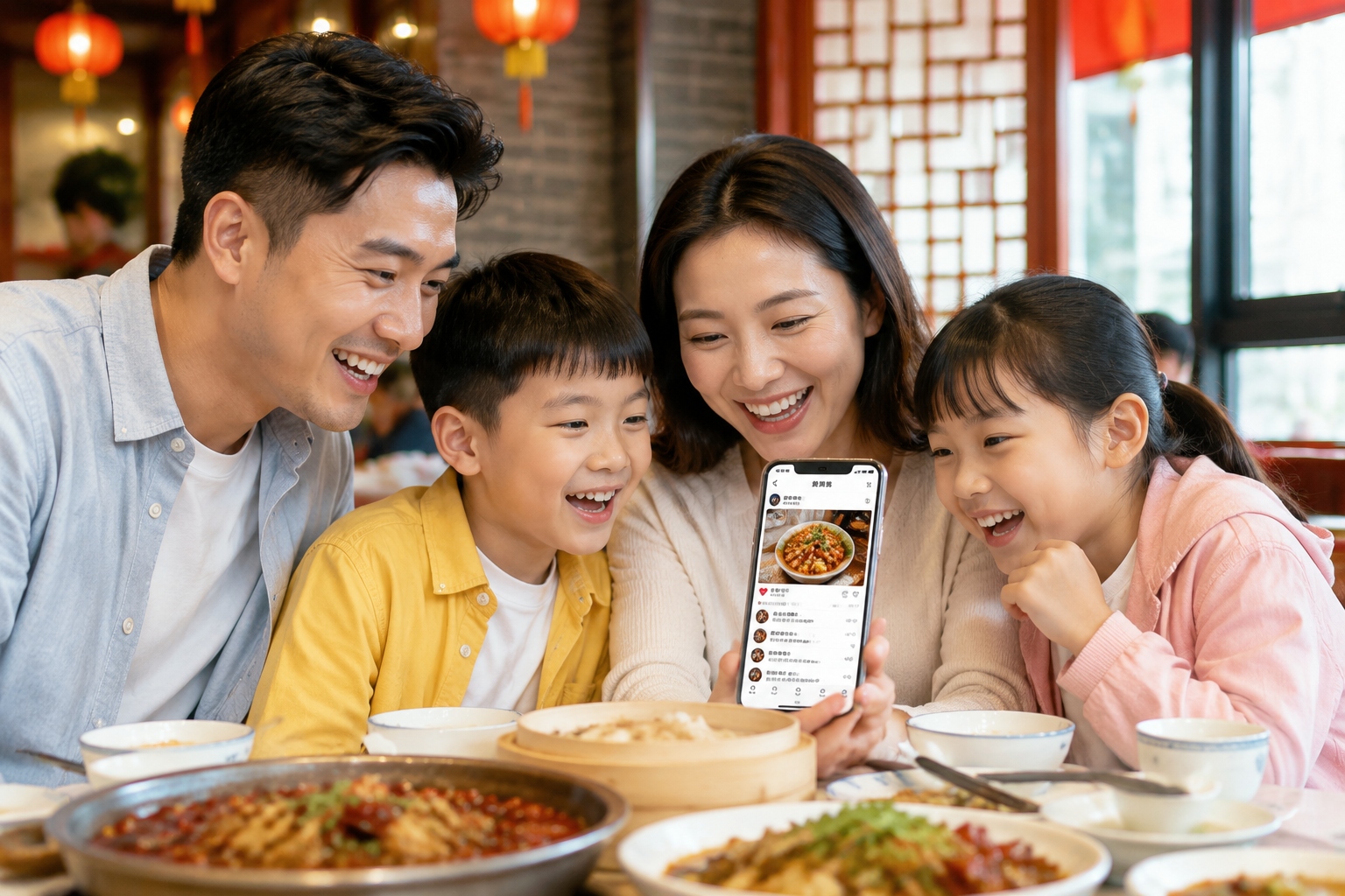 Chinese family and friends looking at a smartphone showing a WeChat Moments food post with likes and comments, illustrating social media interaction in a restaurant