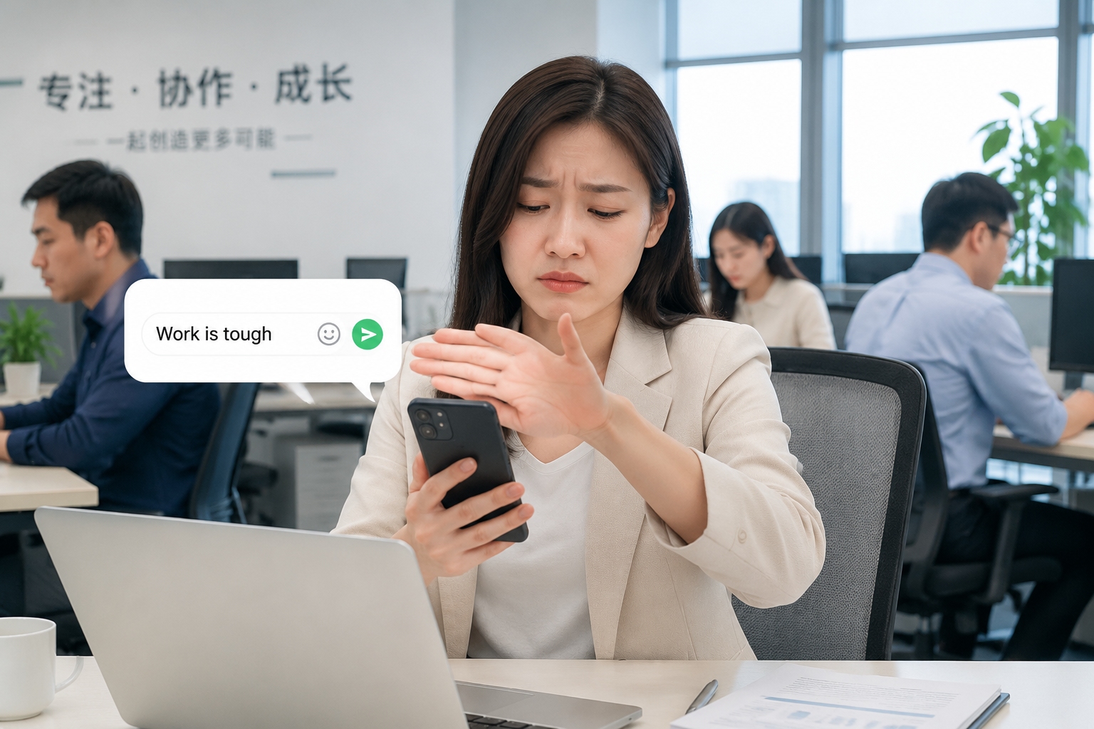 Woman in a Chinese office hesitating to post a complaining message on WeChat Moments, showing the caution around negative posts