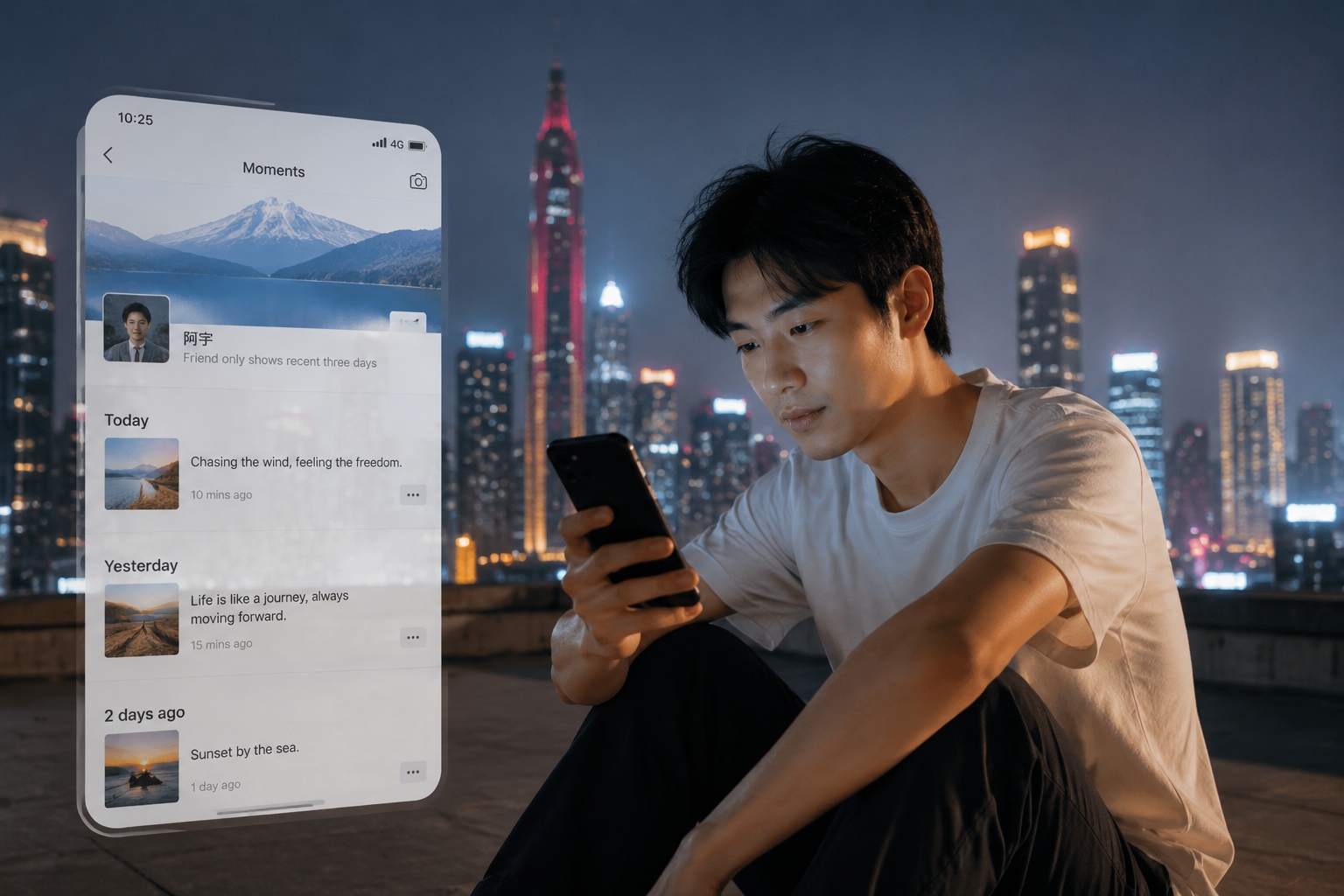 Young man reading a WeChat Moments profile with only three days visible, overlooking Chinese city night skyline