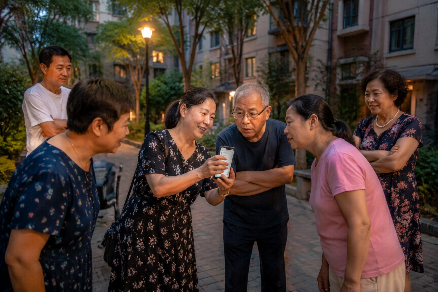 Chinese neighbors in a residential courtyard looking at a WeChat group chat on a smartphone, showing how community groups connect residents