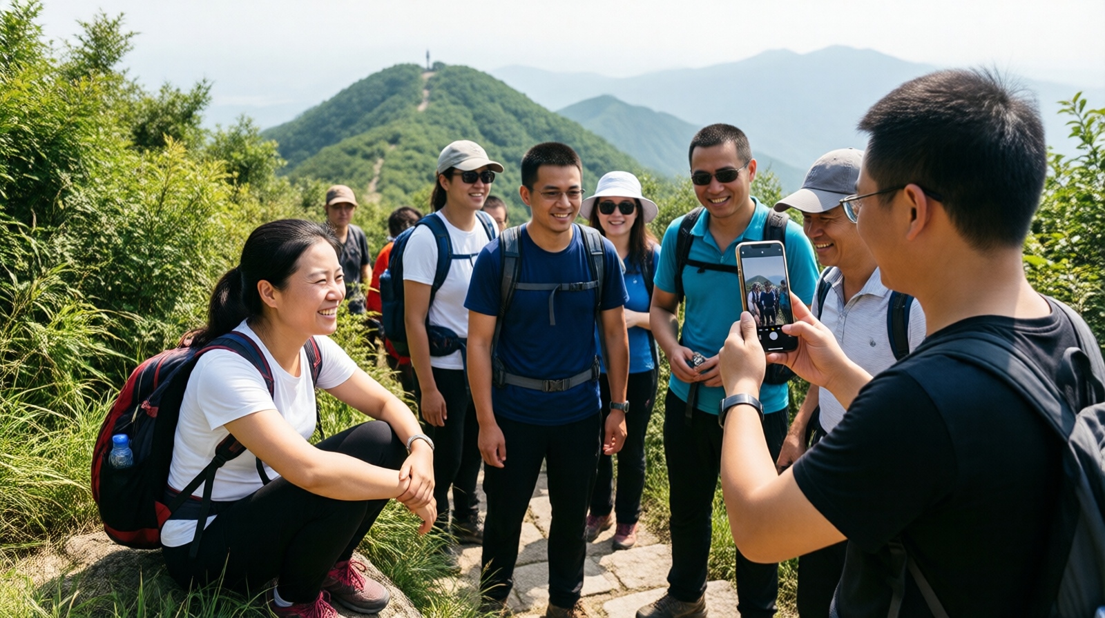 Hikers from a WeChat group meeting in person during a weekend trip, laughing and sharing photos on a smartphone