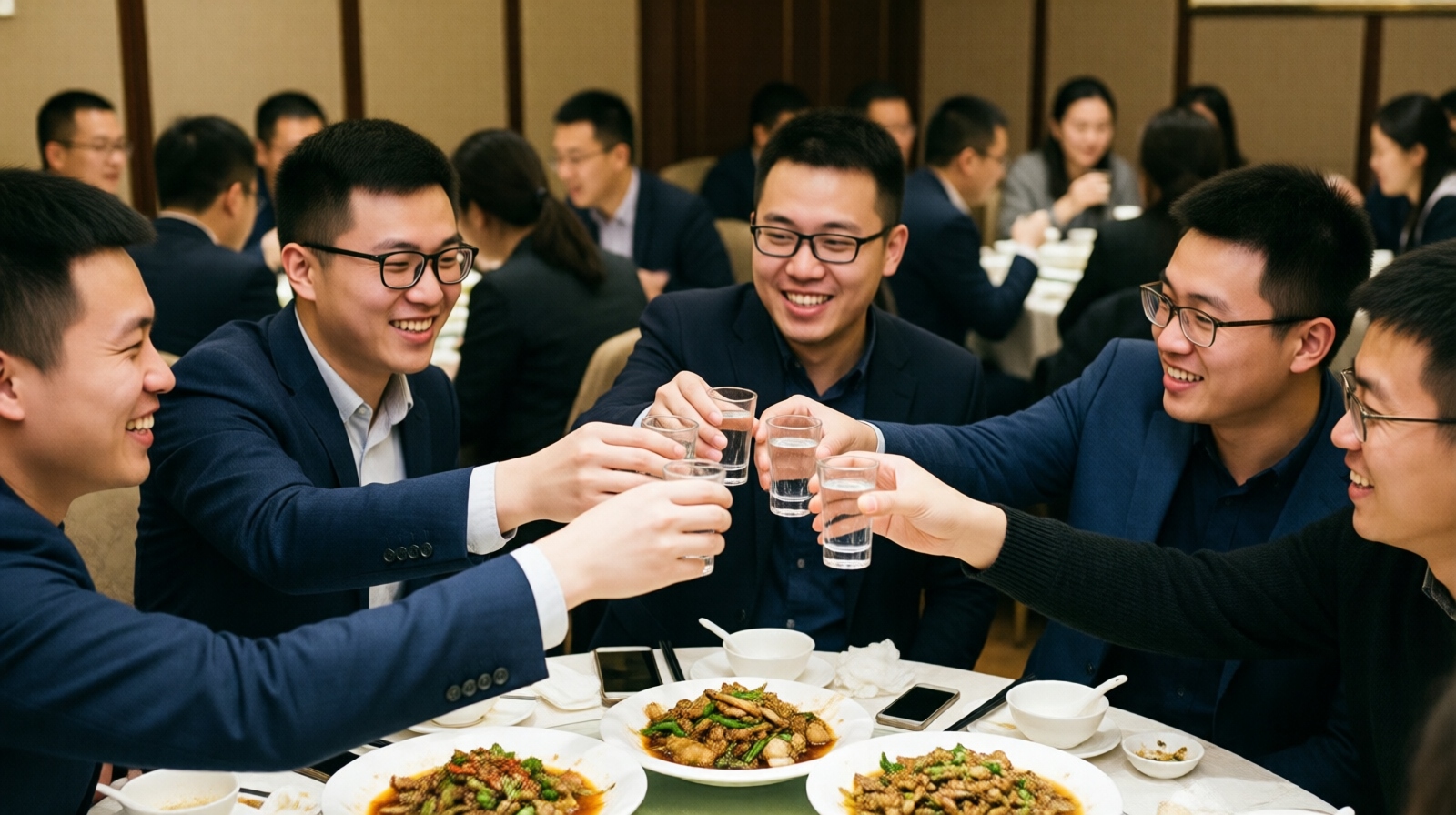 Chinese diners raising their glasses for a toast at a banquet table, with one person using both hands to hold a small glass of baijiu