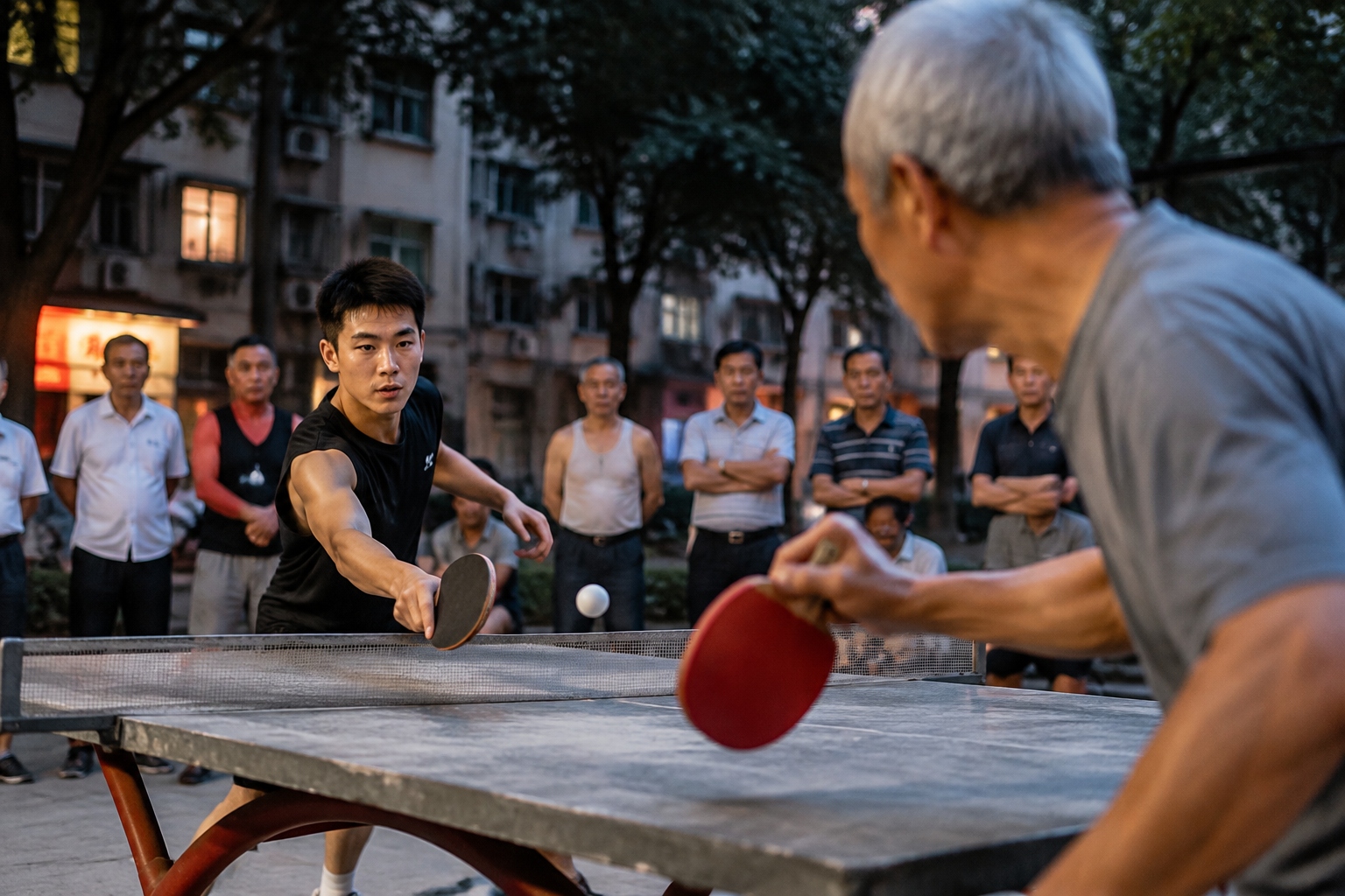 Ping-pong game in a Chinese residential neighborhood with people watching