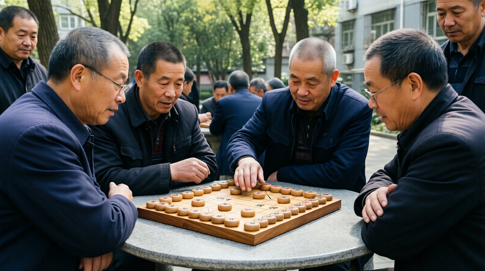 Chinese chess players concentrating over a game in a neighborhood courtyard
