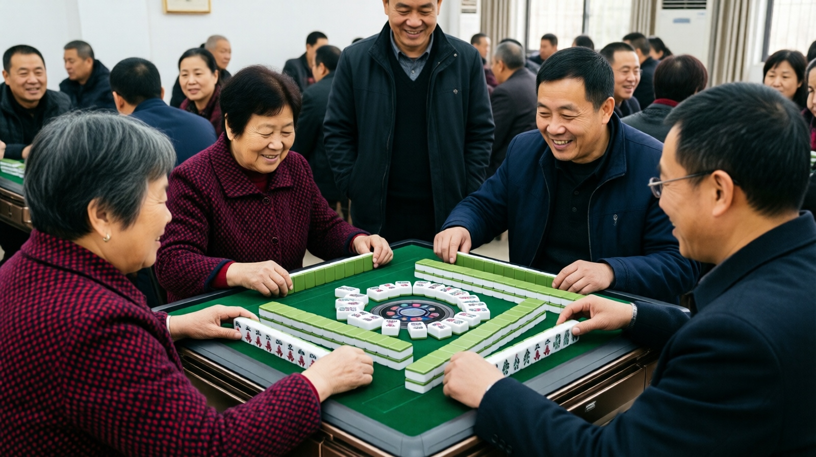 Mahjong game with four players and a spectator in a Chinese community center