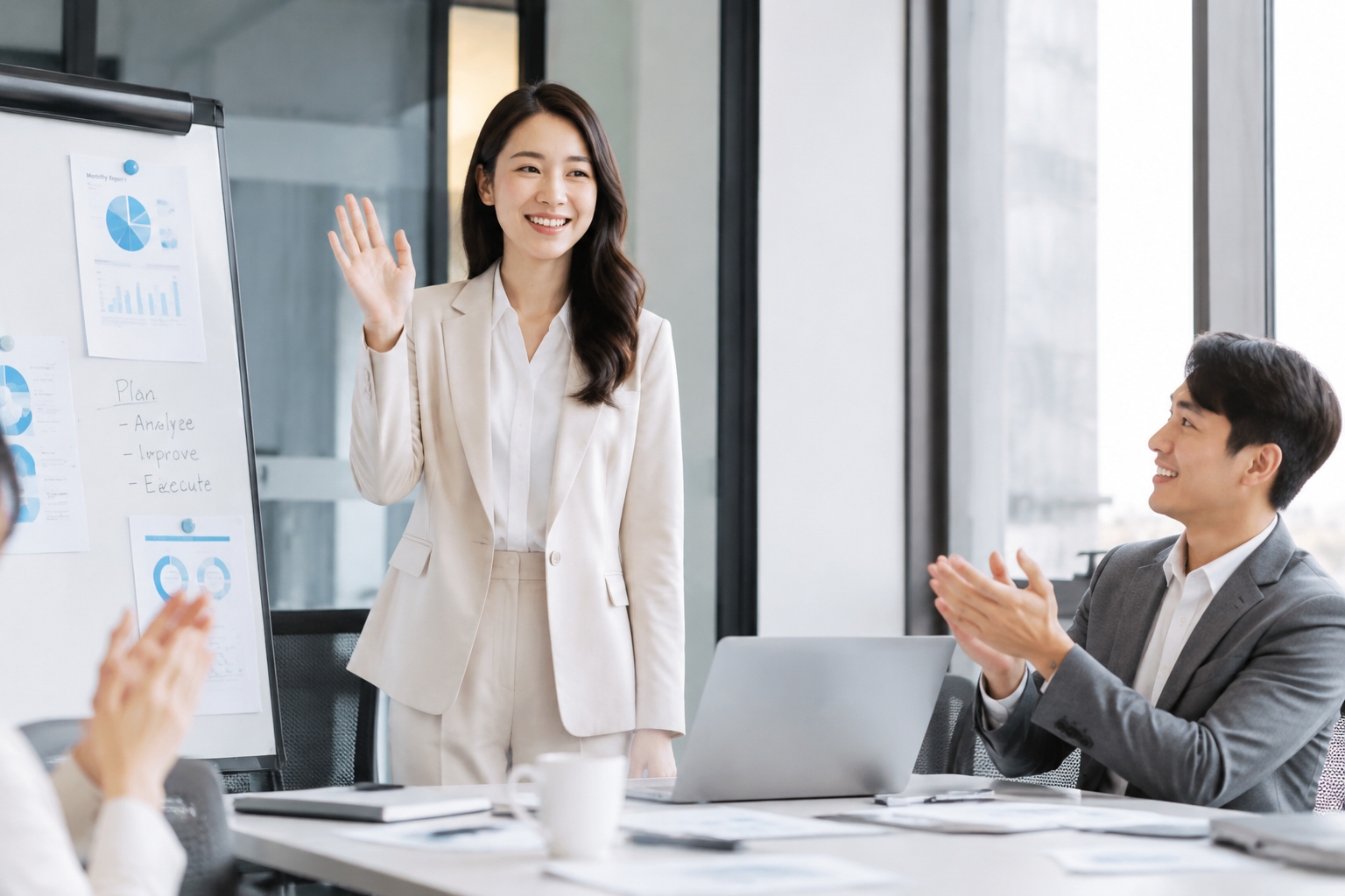 Chinese professional accepting praise with a humble gesture during a team meeting