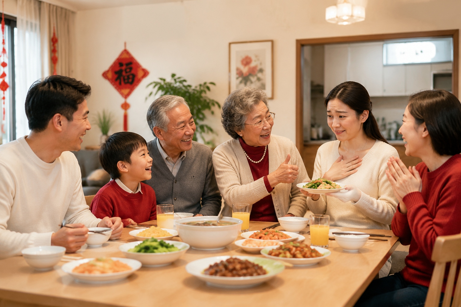 Younger Chinese family member deflecting a compliment from an older relative during a home dinner