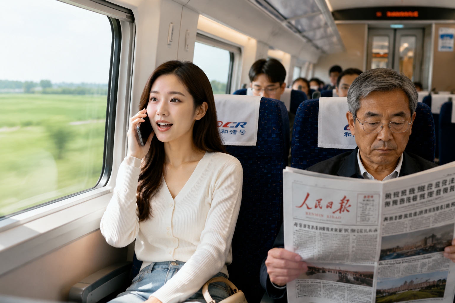 Young woman speaking on a smartphone inside a high-speed train in China, while an older man reads a newspaper