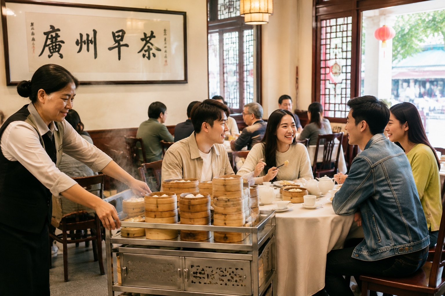 Friends chatting over dim sum at a traditional Cantonese restaurant in Guangzhou