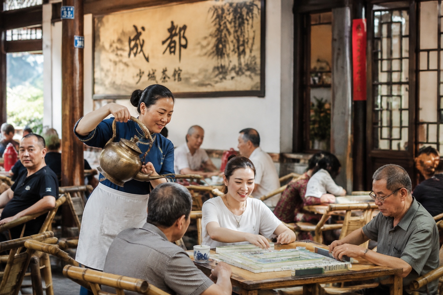 Locals playing mahjong and drinking tea at a traditional Chengdu teahouse