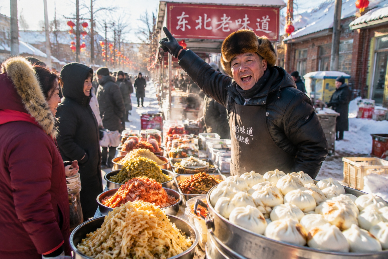 Vendors at a snowy morning market in Harbin calling out to customers in Northeastern dialect