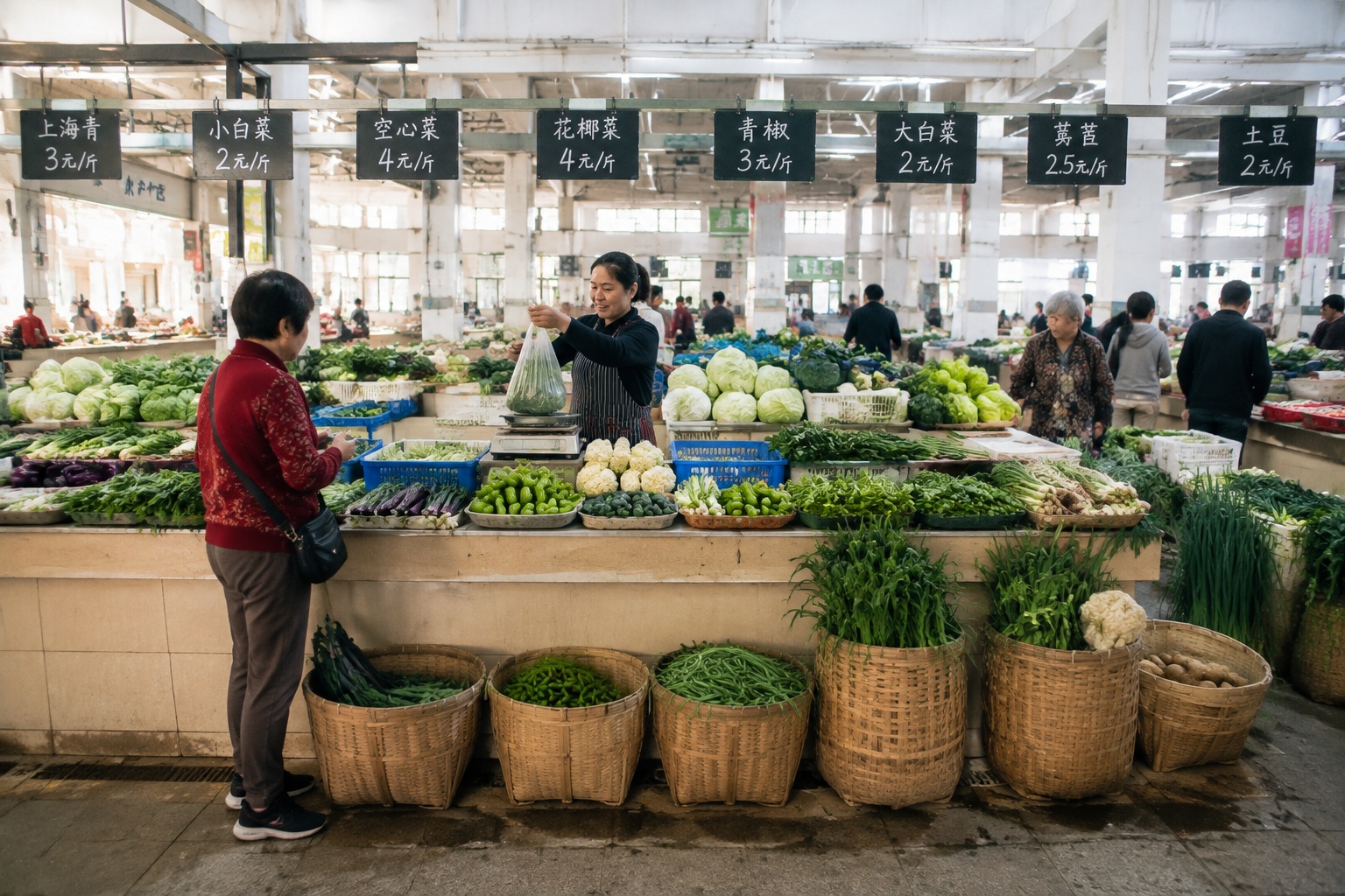 Busy Chinese produce market with handwritten price signs and fresh vegetables