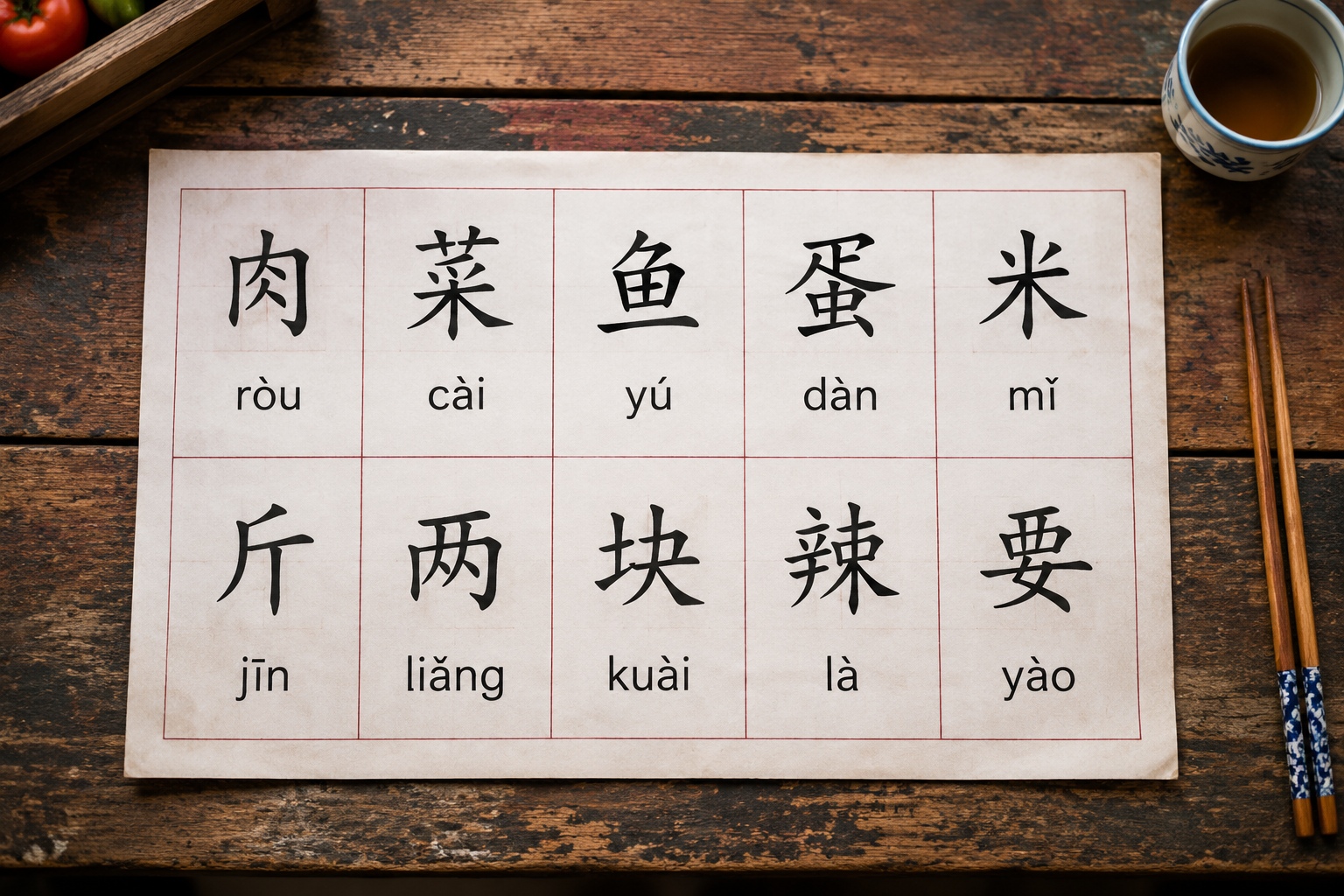 Ten Chinese characters to know at the market, with pinyin labels