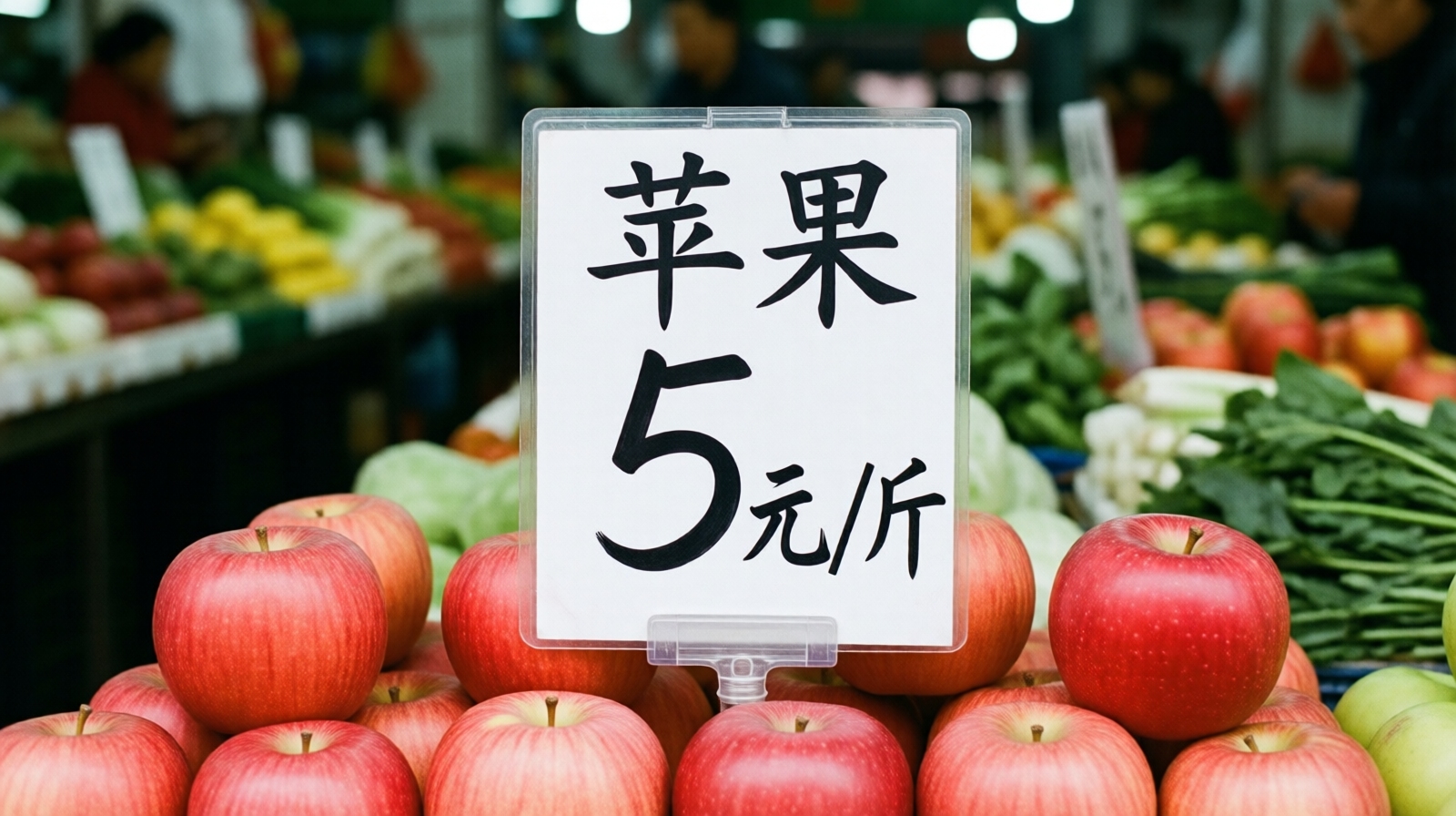 Price sign at a Chinese market reading 苹果 5元/斤