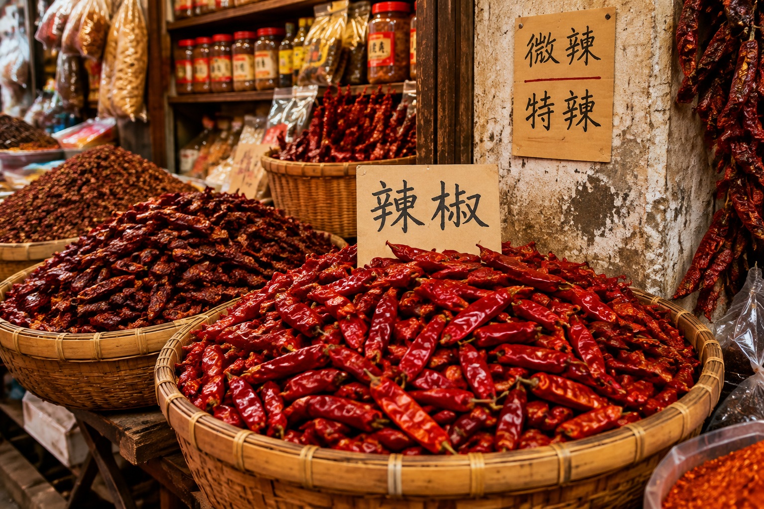 Dried chili peppers at a Chinese market labeled 辣椒 and spice levels 微辣 and 特辣