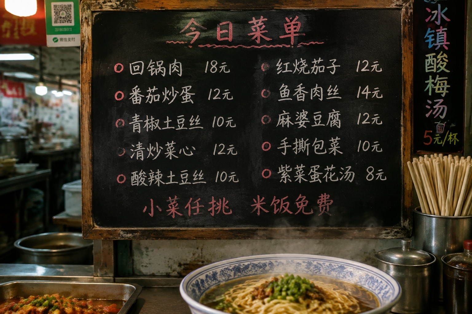 Handwritten Chinese menu board at a market eatery showing dishes like 回锅肉