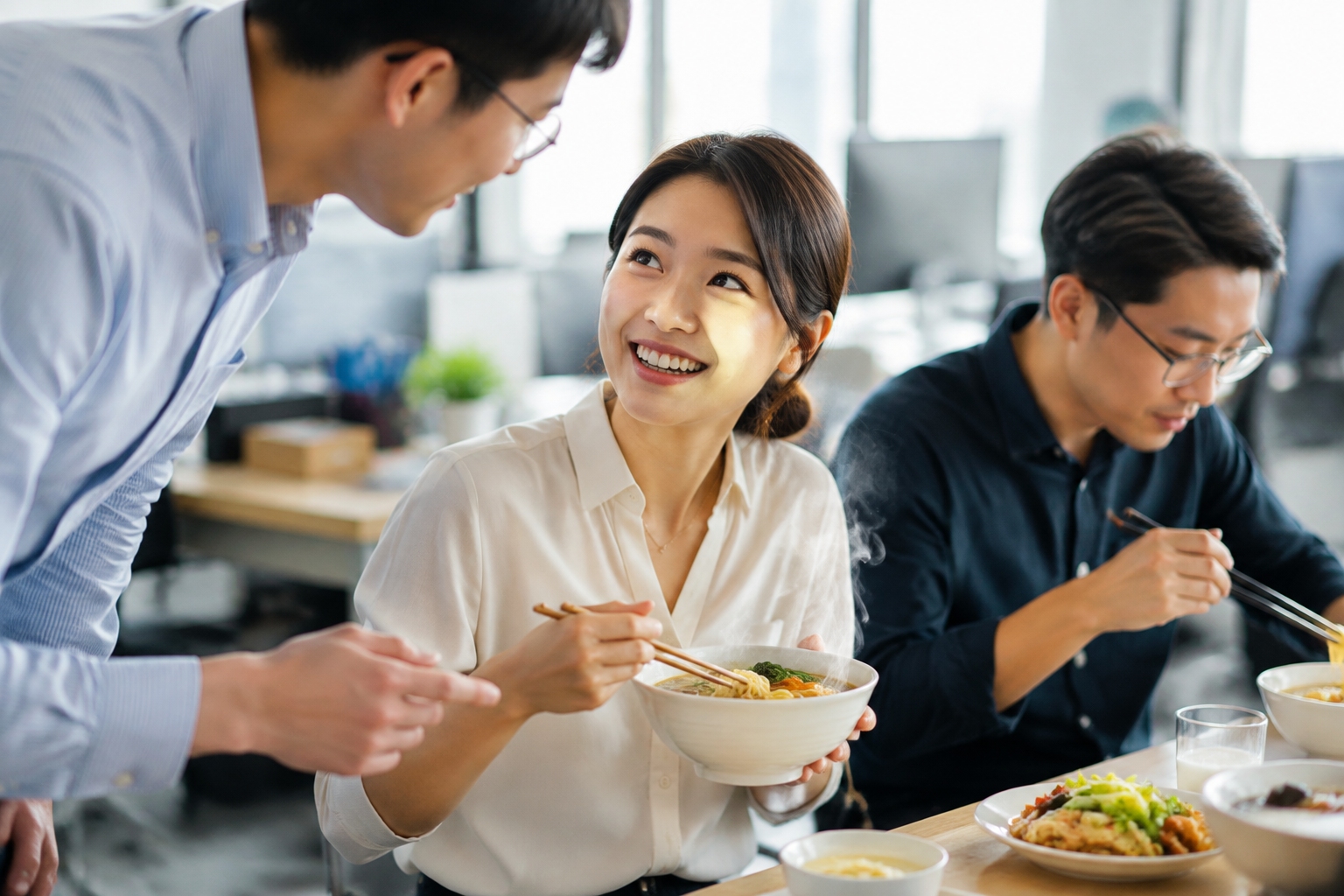 Chinese colleague smiling and saying hello during lunch break at an office food market