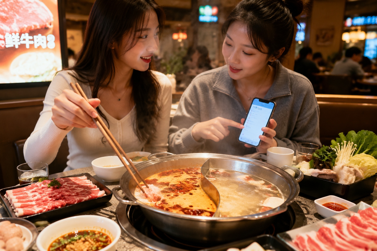 Friends at a Chinese restaurant arranging a real dinner date while sharing hotpot