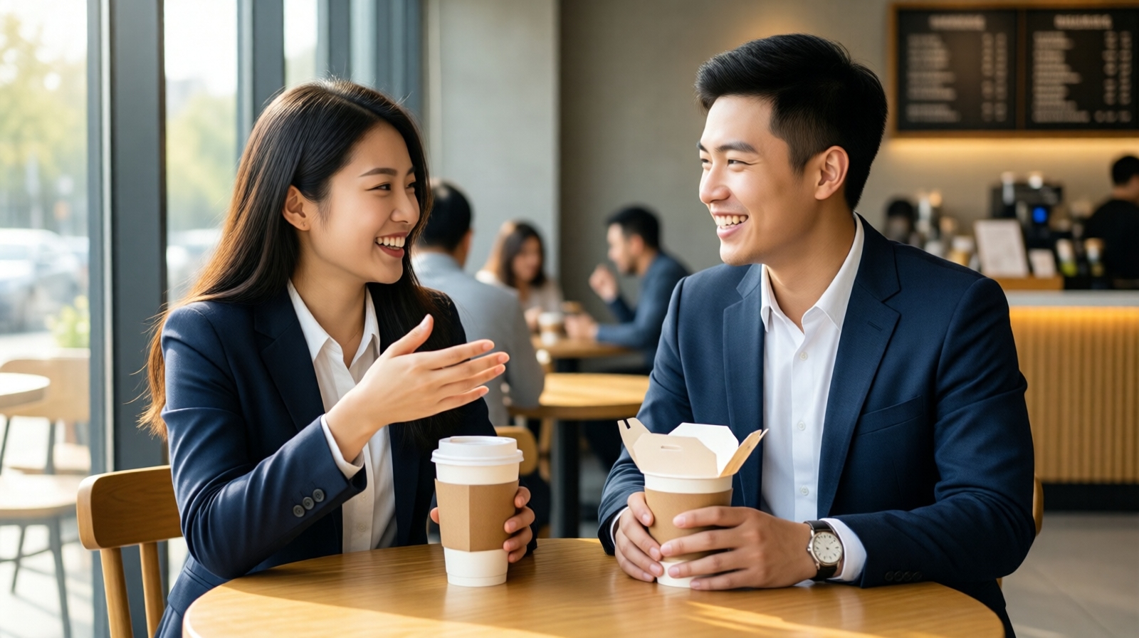 Two friends in a Chinese cafe exchanging polite phrases as a social ritual