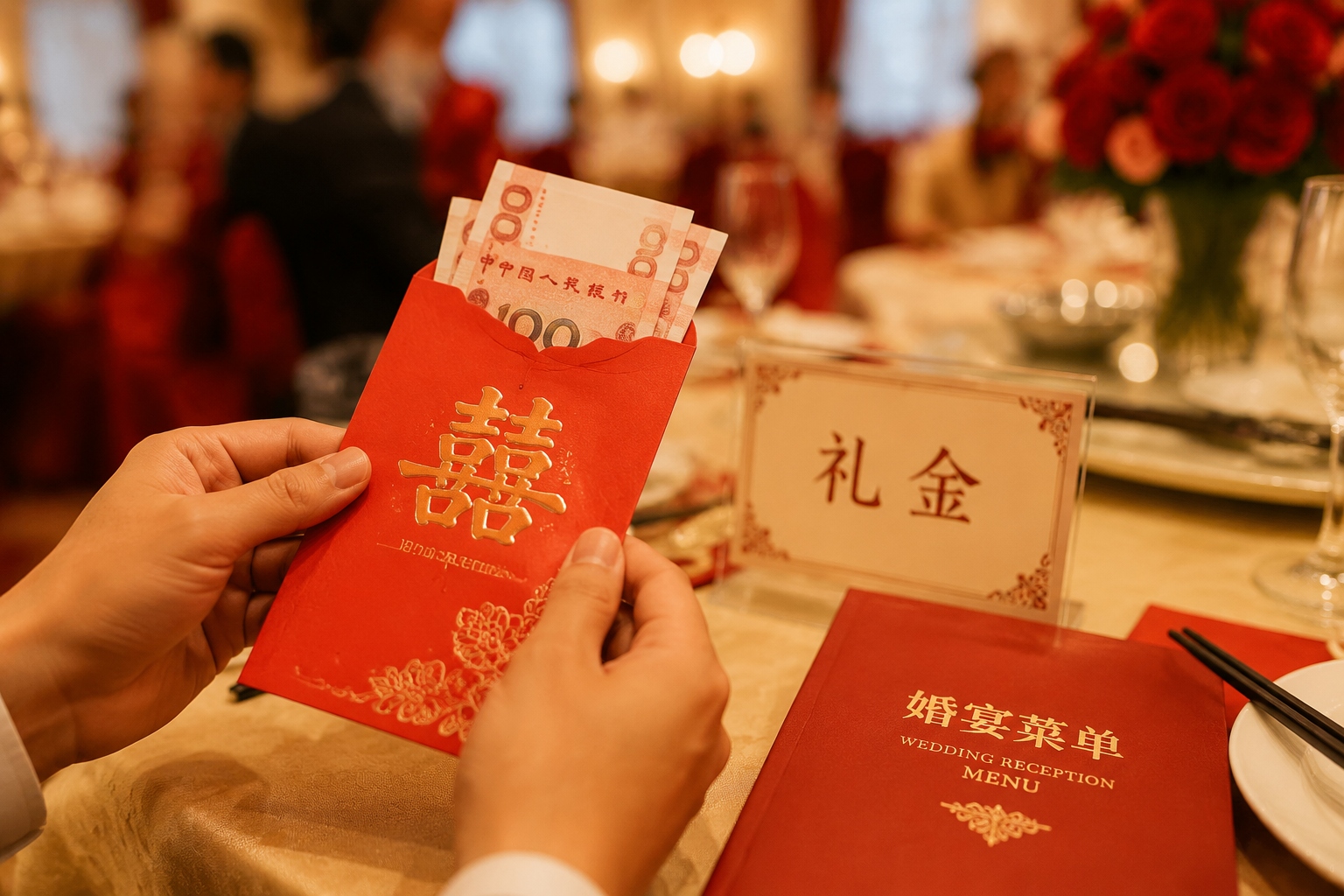 Hands holding a red envelope with cash at a Chinese wedding reception